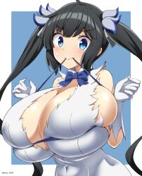 Rule 34 | black hair, blue eyes, blush, breasts, cleavage, commentary request, covered navel, dress, dungeon ni deai wo motomeru no wa machigatteiru darou ka, gigantic breasts, gloves, hair ribbon, hestia (danmachi), highres, huge breasts, kamishiro (rsg10679), long hair, looking at viewer, mouth hold, rei no himo, ribbon, simple background, skindentation, standing, tight clothes, tight dress, twintails, twitter username, upper body, white dress, white gloves