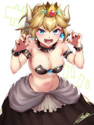 Rule 34 | 1girl, amamfoy, armlet, bare shoulders, black nails, blonde hair, blue eyes, bowsette, bracelet, breasts, cleavage, collar, commentary request, crown, earrings, eyebrows, fangs, jewelry, large breasts, looking at viewer, mario (series), nail polish, navel, new super mario bros. u deluxe, nintendo, signature, simple background, solo, spiked armlet, spiked bracelet, spiked collar, spikes, super crown, teeth, white background