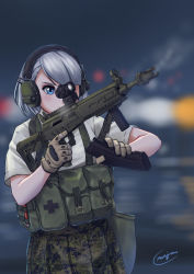 Rule 34 | 1girl, absurdres, assault rifle, blue eyes, blurry, blurry background, camouflage, commentary, foregrip, gloves, gun, headset, highres, holding, holding gun, holding weapon, load bearing vest, mardjan, military, original, reloading, rifle, school uniform, silver hair, solo, weapon, weapon request