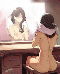 Rule 34 | 1girl, 2012, ass, breasts, brown hair, dated, faustsketcher, large breasts, long hair, mirror, nipples, nude, original, reflection, scar, signature, sitting, smile, solo, towel, watermark, web address, wet