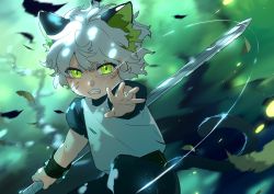 Rule 34 | 1boy, animal ears, blurry, blurry background, cat boy, cat ears, child, green eyes, highres, holding, holding sword, holding weapon, leaf, looking at viewer, luo xiaohei, luo xiaohei (human), luo xiaohei zhanji, rrr (reason), scar, shirt, short hair, short sleeves, solo, sword, upper body, weapon, white hair, white shirt