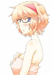 Rule 34 | 1girl, alice margatroid, bad id, bad pixiv id, bespectacled, blonde hair, blue eyes, blush, glasses, hairband, highres, looking at viewer, naked shirt, non (z-art), shirt, simple background, solo, touhou, upper body, white background