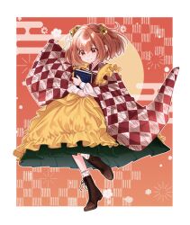 Rule 34 | 1girl, absurdres, apron, bell, book, boots, border, brown footwear, checkered clothes, checkered kimono, closed mouth, commentary, egasumi, frilled apron, frills, full body, furisode, gradient background, green skirt, hair bell, hair ornament, highres, holding, holding book, japanese clothes, jingle bell, kimono, light smile, long sleeves, medium hair, motoori kosuzu, orange background, orange eyes, orange hair, outline, outside border, pleated skirt, red background, red kimono, skirt, socks, solo, standing, standing on one leg, touhou, two side up, white border, white outline, white socks, yellow apron, yoshino (q sci)