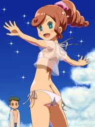 Rule 34 | 1boy, 1girl, ass, awa, bikini, blue eyes, blush stickers, brown hair, character request, closed mouth, cloud, katrielle layton, layton&#039;s mystery journey, long hair, looking at viewer, navel, open mouth, professor layton, side-tie bikini bottom, smile, swimsuit