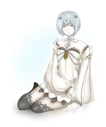 Rule 34 | 1girl, bare shoulders, black pantyhose, blunt bangs, blush, bug, butterfly, chaos rings, chaos rings ii, chereaux, choker, circlet, detached sleeves, dress, gloves, grey eyes, grey thighhighs, hair between eyes, hair ornament, highres, insect, lessica (chaos rings), light smile, long sleeves, looking at viewer, over-kneehighs, pantyhose, puffy detached sleeves, puffy long sleeves, puffy sleeves, short hair, silver hair, sitting, solo, thighhighs, white background, white dress, white gloves, yokozuwari