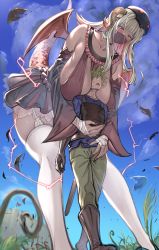 Rule 34 | 1boy, 1girl, absurdres, aldehyde, between breasts, blonde hair, blue dress, blue shirt, blush, breasts, castle, cleavage, collarbone, detached sleeves, dragon girl, dragon horns, dragon tail, dress, femdom, from below, garter straps, giant, giantess, grass, grey pants, groping, hetero, highres, horns, huge breasts, long hair, looking at another, mask, mouth mask, outdoors, pants, red eyes, scabbard, sheath, shirt, size difference, sky, standing, tail, thighhighs, wide sleeves, wings, you gonna get raped