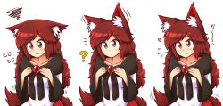 Rule 34 | 1girl, ?, animal ear fluff, animal ears, blush, brooch, brown hair, collarbone, commentary, ears down, ears up, flying sweatdrops, hands on own chest, heart, highres, imaizumi kagerou, jewelry, long hair, long sleeves, shirt, smile, solo, squiggle, tail, tail wagging, touhou, upper body, very long hair, wavy hair, wavy mouth, wide sleeves, wolf ears, wolf tail, wool (miwol)