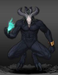 Rule 34 | 1boy, blue skin, bracelet, claws, colored skin, demon, dust, epic, fire, floating, full body, gradient background, highres, horns, hovering, jewelry, magic, male focus, monster, muscular, nude, skull, solo, talons, tentacles