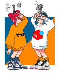 Rule 34 | 2girls, black eyes, blue background, blue footwear, blue hair, blunt bangs, bob cut, border, clothes writing, colored shoe soles, double bun, double v, full body, grey socks, hair bun, hand up, hands up, highres, long sleeves, looking at viewer, multiple girls, nao97122, nike (company), original, outside border, pink hair, print sweater, radio antenna, satellite dish, shoes, short hair, sneakers, socks, standing, sweater, two-tone background, v, white border, white footwear, white sweater, yellow background, yellow socks, yellow sweater