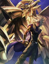 Rule 34 | 1boy, absurdres, armlet, belt, belt buckle, buckle, cape, chain, chain necklace, commentary request, dark-skinned male, dark skin, duel monster, earrings, glint, highres, holding, jewelry, looking down, millennium rod, necklace, pants, size difference, smile, spiked hair, standing, teeth, the winged dragon of ra, vambraces, white hair, y.m, yami marik, yu-gi-oh!, yu-gi-oh! duel monsters