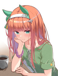 Rule 34 | 1girl, absurdres, alternate costume, animal ears, blue eyes, casual, collarbone, commentary request, cup, hair ornament, hand on own cheek, hand on own face, headband, highres, horse girl, illng, orange hair, silence suzuka (umamusume), simple background, smile, solo, table, umamusume, white background