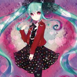 Rule 34 | 1girl, green hair, hatsune miku, heart, heart-shaped pupils, long hair, pantyhose, red eyes, skirt, smile, solo, symbol-shaped pupils, tomoya (artist), twintails, very long hair, vocaloid