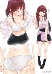 Rule 34 | 10s, 1girl, 2016, adjusting clothes, adjusting panties, ama mitsuki, artist name, ass, bag, black legwear, bra, braid, breasts, brown hair, character sheet, cleavage, closed eyes, clothes around waist, dated, dress shirt, fanning face, from behind, full body, green eyes, hair over shoulder, hot, jacket, kantai collection, lace, lace-trimmed bra, lace trim, loafers, long hair, medium breasts, multiple views, noshiro (kancolle), open clothes, open mouth, open shirt, panties, pigeon-toed, pleated skirt, school uniform, see-through, shirt, shoes, shoulder bag, signature, simple background, skirt, socks, standing, sweat, sweater, sweater around waist, swept bangs, tied jacket, underwear, undressing, white background, white bra, white panties