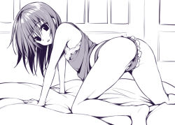 Rule 34 | 1girl, all fours, ass, bad id, bad pixiv id, barefoot, frilled panties, frills, greyscale, lace, lace-trimmed shirt, lace trim, looking back, monochrome, original, oryo (oryo04), panties, purple theme, shirt, soles, solo, tank top, underwear, underwear only, white background