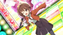Rule 34 | 1girl, 22/7, 22/7 ongaku no jikan, black skirt, brown eyes, brown hair, brown jacket, brown scrunchie, concert, dutch angle, game cg, hair ornament, hair scrunchie, high side ponytail, highres, holding, holding microphone, idol, jacket, lens flare, long hair, long sleeves, looking at viewer, microphone, non-web source, official art, one eye closed, open mouth, outstretched arm, school uniform, screen zoom, scrunchie, shirt, skirt, smile, solo, sparkle, standing, toda jun, white shirt