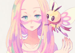 Rule 34 | 1girl, black eyes, blonde hair, closed mouth, collarbone, creatures (company), eye contact, female focus, game freak, gen 7 pokemon, green eyes, grey background, half-closed eyes, hand up, komasawa (fmn-ppp), long hair, looking at another, mina (pokemon), multicolored hair, nintendo, open mouth, pokemon, pokemon (creature), pokemon sm, ribombee, shirt, simple background, smile, trial captain, unusual pupils