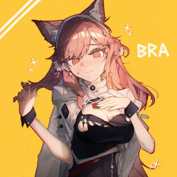 Rule 34 | 1girl, @ @, absurdres, animal ear fluff, animal ears, arknights, black dress, breasts, cleavage, commentary request, dress, earrings, hairband, hand on own chest, highres, huajiaohaibao, jacket, jewelry, large breasts, long hair, official alternate costume, open mouth, pink eyes, pink hair, pozyomka (arknights), pozyomka (snowy plains in words) (arknights), simple background, solo, upper body, white hairband, white jacket, wolf ears, yellow background