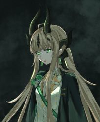 Rule 34 | 1girl, :d, arknights, black bow, black jacket, blonde hair, bow, chinese commentary, commentary request, dragon horns, earrings, green eyes, hair bow, highres, horns, jacket, jewelry, jiaruaner, long hair, looking at viewer, low ponytail, official alternate costume, open mouth, reed (arknights), reed (emerald holiday) (arknights), shirt, smile, solo, upper body, very long hair, white shirt