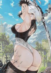Rule 34 | 1girl, 2b (nier:automata), armpits, arms up, artist name, ass, ass focus, black gloves, black hairband, black leotard, black thighhighs, blue eyes, blue sky, breasts, building, curvy, day, elbow gloves, fur-trimmed gloves, fur trim, gloves, hairband, highleg, highleg leotard, highres, holding, holding sword, holding weapon, howxen, huge ass, large breasts, leotard, looking at viewer, nier:automata, nier (series), outdoors, patreon username, shiny skin, short hair, signature, sky, solo, sword, thighhighs, thong leotard, tree, two-tone gloves, two-tone leotard, watermark, weapon, web address, white gloves, white hair, white leotard, wide hips