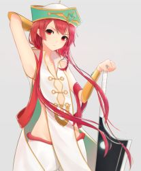 Rule 34 | 1boy, ariinine, arm behind head, chinese clothes, hat, highres, long hair, looking at viewer, magi the labyrinth of magic, male focus, red eyes, red hair, ren kouha, sleeveless, solo, sword, trap, weapon