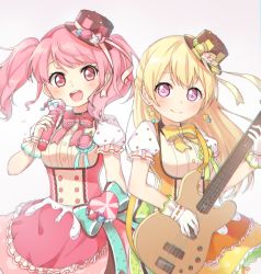 Rule 34 | 2girls, :d, bang dream!, bass guitar, bd ayknn, blonde hair, blue bow, blush, bow, bowtie, dress, earrings, food, frilled gloves, frilled sleeves, frills, gloves, half updo, hat, hat ornament, hat ribbon, holding, holding instrument, holding microphone, instrument, jewelry, long hair, looking at viewer, macaron, maruyama aya, microphone, multiple girls, open mouth, pink eyes, pink hair, pink neckwear, purple eyes, ribbon, ribbon-trimmed gloves, ribbon trim, shirasagi chisato, short sleeves, smile, striped clothes, striped headwear, sweatdrop, teeth, twintails, upper teeth only, white gloves, yellow neckwear