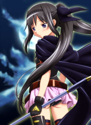 Rule 34 | 1girl, akemi homura, alternate hairstyle, ass, bardiche (nanoha), black hair, blush, cape, cosplay, diesel-turbo, fate testarossa, fate testarossa (cosplay), fate testarossa (movie 1st form), from behind, full moon, hairband, long hair, looking back, lyrical nanoha, magical girl, mahou shoujo lyrical nanoha, mahou shoujo madoka magica, mahou shoujo madoka magica (anime), moon, night, official style, purple eyes, purple skirt, skirt, solo, thighhighs, twintails
