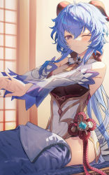 Rule 34 | ahoge, bell, blue hair, breasts, check commentary, chinese knot, commentary, commentary request, curled horns, detached sleeves, flower knot, ganyu (genshin impact), genshin impact, gold trim, good, highres, horns, long hair, looking at viewer, medium breasts, morning, neck bell, no gloves, no legwear, one eye closed, purple eyes, sidelocks, sleepy, solo, stretching, syandega, under covers, vision (genshin impact), waking up, white sleeves, wide sleeves