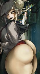 Rule 34 | 1girl, against wall, ass, blonde hair, blush, boku no hero academia, breast press, breasts, clothes, curvy, double bun, fangs, hair bun, highres, huge ass, large breasts, long hair, looking at viewer, noblood (ryandomonica), open mouth, school uniform, smile, solo, thick thighs, thighs, toga himiko, yellow eyes