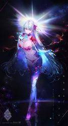 Rule 34 | 1girl, a2ki, absurdres, armor, bikini armor, blue flower, breasts, character name, collarbone, earrings, elbow gloves, english text, fate/grand order, fate (series), fingernails, flower, gloves, gradient hair, hair ribbon, halo, high heels, highres, huge filesize, jewelry, kama (beast iii/l) (fate), kama (fate), large breasts, long hair, looking at viewer, multicolored hair, navel, necklace, pink ribbon, red eyes, revealing clothes, ribbon, sharp fingernails, silver hair, sky, smile, solo, space, star (sky), star (symbol), starry background, starry sky, thighhighs, watermark