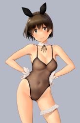 Rule 34 | 1girl, animal ears, bare arms, bare shoulders, black one-piece swimsuit, black ribbon, blush, bob cut, breasts, bridal garter, brown hair, cleavage, closed mouth, covered erect nipples, covered navel, cowboy shot, detached collar, fake animal ears, gloves, gluteal fold, grey background, hand on own hip, hands on own hips, highleg, highleg leotard, highleg swimsuit, highres, hiryuu (kancolle), kantai collection, leotard, looking at viewer, medium breasts, neck ribbon, one-piece swimsuit, playboy bunny, rabbit ears, ribbon, see-through, see-through leotard, short hair, simple background, smile, solo, spaghetti strap, swimsuit, thighs, wa (genryusui), white gloves