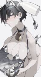 Rule 34 | 1girl, absurdres, animal ears, animal print, bell, bikini, black choker, black eyes, black hair, blue archive, blush, bottle, breasts, choker, cleavage, cow horns, cow print, cow tail, cowboy shot, g5 (g5 gugu), grey background, highres, holding, horns, large breasts, looking at viewer, milk, milk bottle, neck bell, short hair, simple background, solo, suggestive fluid, swimsuit, tail, tsubaki (blue archive), white bikini