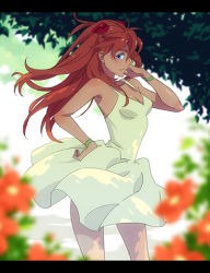 Rule 34 | 1girl, 9aki, bare legs, bare shoulders, blue eyes, blurry, depth of field, dress, flower, from side, hand on own hip, headgear, letterboxed, lips, long hair, looking at viewer, neon genesis evangelion, orange hair, shiny skin, smile, solo, souryuu asuka langley, standing, sundress, tree, very long hair, white dress, wide hips, wind, yellow dress