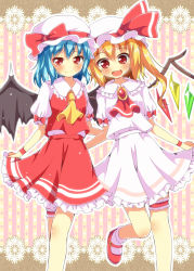 Rule 34 | 2girls, ascot, bat wings, blonde hair, blue hair, blush, breast envy, brooch, commentary request, cosplay, costume switch, curtsey, fang, fangs, female focus, flandre scarlet, hat, hat ribbon, highres, jewelry, bridal garter, leg ribbon, looking at viewer, mary janes, multiple girls, open mouth, puffy sleeves, red eyes, remilia scarlet, ribbon, shirt, shoes, short sleeves, siblings, side ponytail, sisters, skirt, skirt set, smile, striped, striped background, touhou, vertical stripes, vest, wings, wristband, yuimari