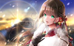 Rule 34 | 1girl, 2019, black gloves, blurry, blurry background, breath, brown hair, commentary request, dated, depth of field, diffraction spikes, earrings, floating hair, floral print, flower, fur-trimmed gloves, fur collar, fur trim, glint, gloves, green eyes, hair flower, hair ornament, japanese clothes, jewelry, kanzashi, kimono, lens flare, long hair, looking at viewer, midoriiro no shinzou, new year, original, outdoors, print kimono, rainbow, red flower, red kimono, sidelocks, signature, snowing, solo, sun, sunlight, upper body, winter