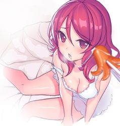 Rule 34 | 10s, 1girl, alternate eye color, blush, breasts, cleavage, fiodo, food, food art, lingerie, looking at viewer, love live!, love live! school idol project, medium breasts, negligee, nishikino maki, off shoulder, open mouth, red eyes, red hair, saliva, saliva trail, sexually suggestive, sitting, solo, strap slip, tako-san wiener, underwear