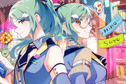 Rule 34 | 2girls, aqua hair, bang dream!, bare shoulders, bespectacled, blue neckerchief, blue necktie, blue shirt, blush, book, bow, braid, breasts, character name, closed mouth, collared shirt, commentary request, detached sleeves, floating hair, glasses, green eyes, hair bow, hair ornament, hairclip, halftone, hikawa hina, hikawa sayo, holding, holding book, long hair, looking at viewer, medium breasts, multiple girls, musical note, neckerchief, necktie, partial commentary, ponytail, shirt, siblings, sidelocks, small breasts, smile, spoken musical note, toto (sa-dosama), twin braids, twins, upper body, yellow bow