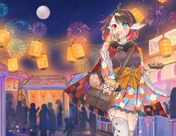 Rule 34 | 1girl, aqua eyes, bag, black hair, blue flower, blush, braid, feet out of frame, fireworks, floral print, flower, food, grey thighhighs, heterochromia, highres, holding, holding food, horns, lantern, long sleeves, multicolored hair, open mouth, original, paper lantern, red eyes, red flower, red hair, rei (aurirei), second-party source, shoulder bag, smile, solo, thighhighs, two-tone hair, white flower, white horns, wide sleeves, yun-yang