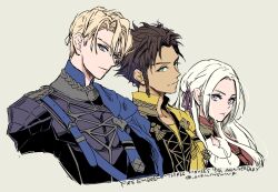 1girl 2boys armor armored_gloves ascot black_armor black_shirt blonde_hair blue_cape blue_eyes braid brown_hair cape chest_strap claude_von_riegan closed_mouth collared_shirt commentary commentary_request dark-skinned_male dark_skin dimitri_alexandre_blaiddyd edelgard_von_hresvelg english_text fire_emblem fire_emblem:_three_houses garreg_mach_monastery_uniform hair_between_eyes hair_ribbon high_collar highres long_hair long_hair_between_eyes looking_at_viewer multiple_boys nintendo open_clothes open_shirt parted_bangs purple_hair red_cape ribbon shirt side_cape simple_background single_braid smile spiked_hair twitter_username umi_(_oneinchswing) upper_body white_ascot white_hair yellow_background yellow_cape yellow_shirt