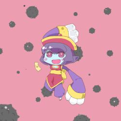 Rule 34 | 1girl, :d, bad id, bad pixiv id, blue hair, blue skin, blush, blush stickers, capcom, chibi, claws, cleavage cutout, clothing cutout, colored skin, hat, inishie, jiangshi, lei lei, looking at viewer, ofuda, open mouth, pants, pink background, pink eyes, qingdai guanmao, sash, short hair, simple background, smile, solo, vampire (game)