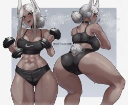 Rule 34 | 1girl, abs, aelion draws, animal ears, ass, bare arms, bare shoulders, black buruma, black choker, black sports bra, blush, boku no hero academia, border, breasts, buruma, butt crack, choker, cleavage, clothing cutout, dark-skinned female, dark skin, dumbbell, english text, exercising, from behind, grey background, hair bun, heart, highres, holding, large breasts, long eyelashes, long hair, looking at viewer, midriff, mirko, multiple views, muscular, muscular female, narrow waist, navel, nike (company), open mouth, parted bangs, parted lips, patreon username, rabbit ears, rabbit girl, rabbit tail, red eyes, single hair bun, smile, sports bra, squatting, steaming body, stomach, sweat, tail, tail through clothes, teeth, thick thighs, thigh gap, thighs, upper teeth only, white border, white hair