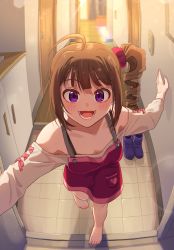 Rule 34 | 1girl, :d, ahoge, backlighting, barefoot, blurry, blurry background, boots, brown hair, commentary, depth of field, doorway, downblouse, dress, drill hair, from above, hair ornament, hair scrunchie, heart, idolmaster, idolmaster million live!, indoors, kamille (vcx68), leaning forward, long sleeves, looking at viewer, medium dress, medium hair, off-shoulder dress, off shoulder, open mouth, opening door, pov, pov doorway, purple eyes, purple footwear, red dress, red scrunchie, scrunchie, side drill, side ponytail, smile, solo, sparkle, standing, tile floor, tiles, yokoyama nao