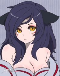 Rule 34 | 1girl, ahri (league of legends), animal ears, animated, animated gif, bare shoulders, black hair, blush, breasts, cleavage, detached sleeves, closed eyes, facial mark, fox ears, korean clothes, large breasts, league of legends, lips, long hair, lynasheet, slit pupils, solo, whisker markings, yellow eyes