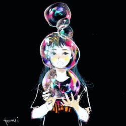 Rule 34 | 1girl, black background, black eyes, black shirt, blush, bubble, hands up, highres, long sleeves, looking at viewer, open mouth, original, print shirt, procreate (medium), shirt, short sleeves, signature, simple background, solo, tomidoron
