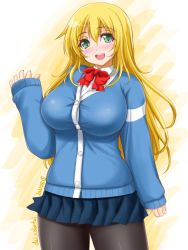 Rule 34 | 1girl, akimoto dai, alternate costume, atago (kancolle), black pantyhose, blonde hair, blue jacket, blue skirt, breasts, commentary request, green eyes, highres, jacket, kantai collection, large breasts, long hair, looking at viewer, panties, pantyhose, pantyshot, pleated skirt, red neckwear, school uniform, skirt, solo, underwear, waving