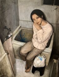 Rule 34 | 1girl, acrylic paint (medium), bag, barefoot, bath stool, bathroom, bathtub, black eyes, black hair, commentary request, full body, grey pants, highres, indoors, long sleeves, medium hair, original, own hands clasped, own hands together, paint stains, painting (medium), pants, plastic bag, realistic, satou t, shirt, sitting, smile, solo, stool, traditional media, white shirt