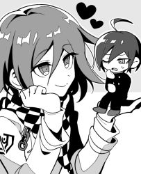 Rule 34 | 2boys, ahoge, buttons, checkered clothes, checkered scarf, chibi, closed mouth, danganronpa (series), danganronpa v3: killing harmony, double-breasted, grey background, greyscale, hair between eyes, heart, jacket, long sleeves, looking at another, male focus, medium hair, monochrome, multiple boys, one eye closed, open mouth, oma kokichi, saihara shuichi, sasakama (sasagaki01), scarf, short hair, simple background, sitting, smile, sweatdrop