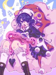 Rule 34 | 1girl, animal hood, black capelet, boots, brown footwear, capelet, castle, crescent, cross-laced footwear, doremy sweet, dream soul, fang, feet out of frame, frills, highres, hood, hood up, horns, imminent bite, knees together feet apart, long hair, looking at viewer, open mouth, pom pom (clothes), purple eyes, purple hair, purple nails, roamu 65, sheep hood, sheep horns, sitting, skin fang, slime (substance), socks, solo, sparkle, sweater, tail, touhou, white socks, white sweater