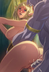 Rule 34 | 1boy, 1girl, ass, blonde hair, blue eyes, breasts, censored, cum, cum in pussy, elf, forest, hetero, highres, homare (fool&#039;s art), large breasts, monster, nature, outdoors, penis, pointy ears, pussy, sex, solo focus, vaginal