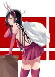 Rule 34 | 001machi, 1girl, absurdres, adapted costume, antlers, black hair, breasts, commentary, dress, elbow gloves, fake antlers, gloves, hair ribbon, hayashimo (kancolle), highres, horns, kantai collection, long hair, purple dress, red gloves, red thighhighs, reindeer antlers, ribbon, sack, small breasts, solo, thighhighs, yellow eyes