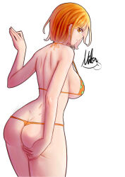 Rule 34 | 1girl, ass, bikini, mifenami, nami (one piece), one piece, orange eyes, orange hair, swimsuit
